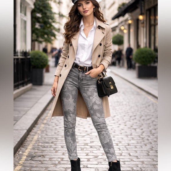 ALL SAINTS Low Rise Cropped Skinny Gray/Light Blue Floral Jeans Zipper at Hem 28 - Picture 1 of 14